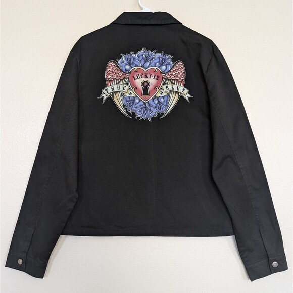 VTG Lucky 13 Collared Lightweight Biker Jacket Women's XL True Blue Angel Wings - Picture 1 of 14